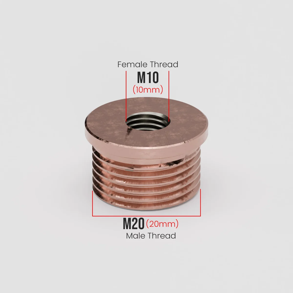 Red metal M20 to M10 pipe connector showing male M20 and female M10 threaded ends for conduit pipes