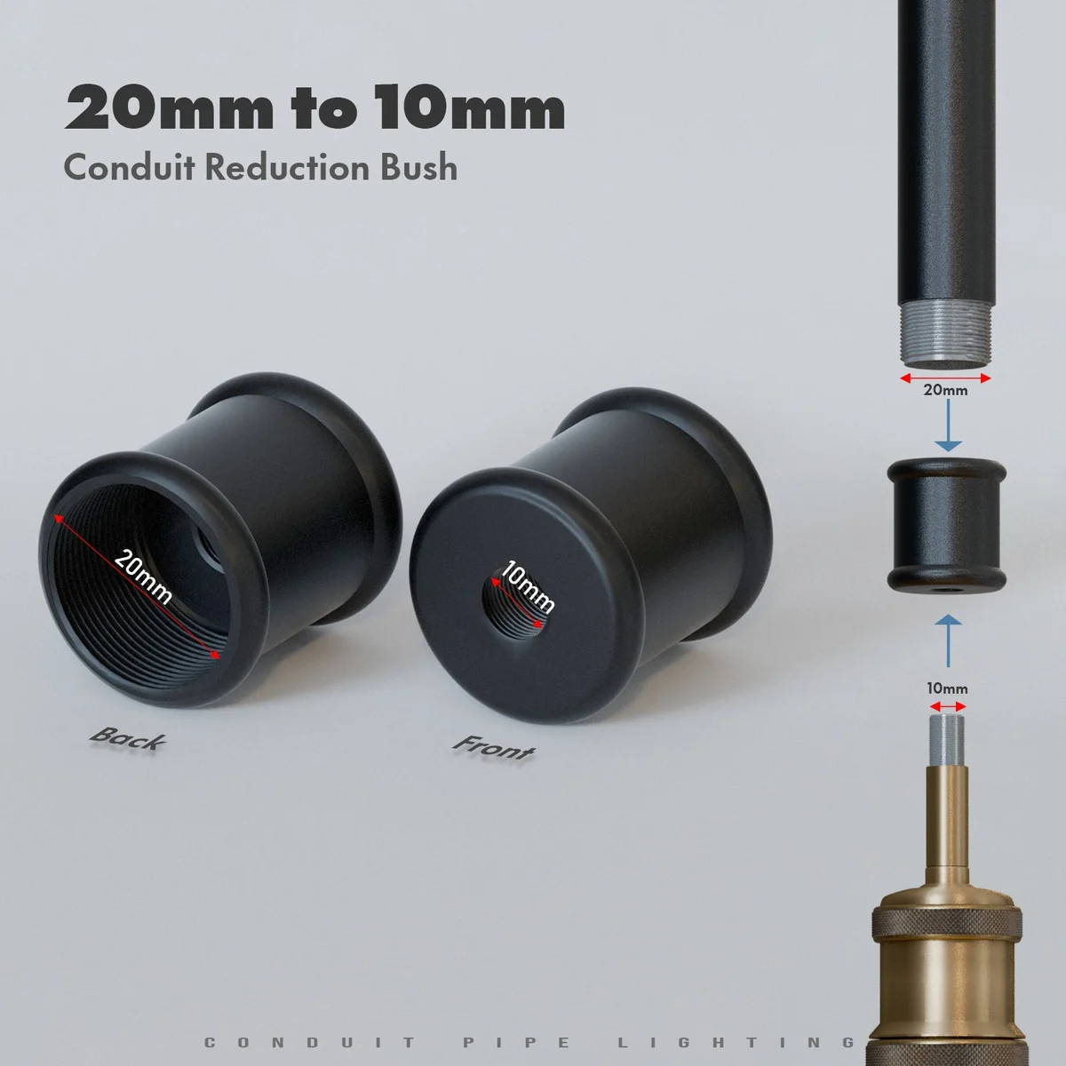 Metallic industrial style pipe connector showing M20 female to M10 female thread bushing for conduit pipes