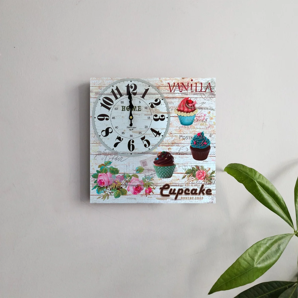 Frameless rectangular wood Eiffel Tower wall clock with vintage car design and Roman numerals on canvas background