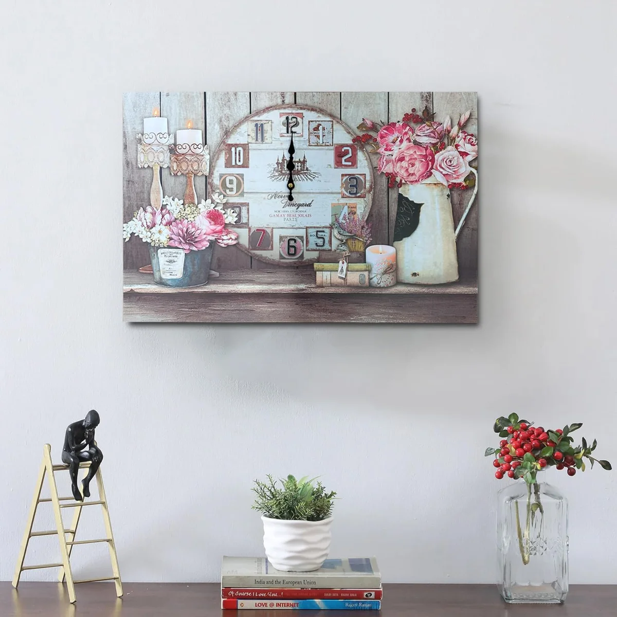 Frameless wall clock with Eiffel Tower and vintage car design on rectangular wooden canvas with Roman numerals