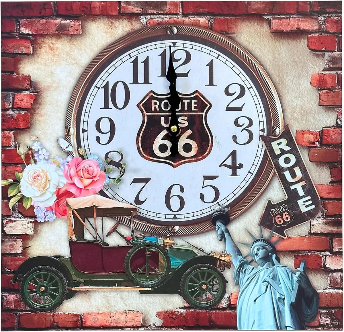 Rectangular frameless wall clock with Eiffel Tower and vintage car design, Roman numerals, vintage style clock on wood panel