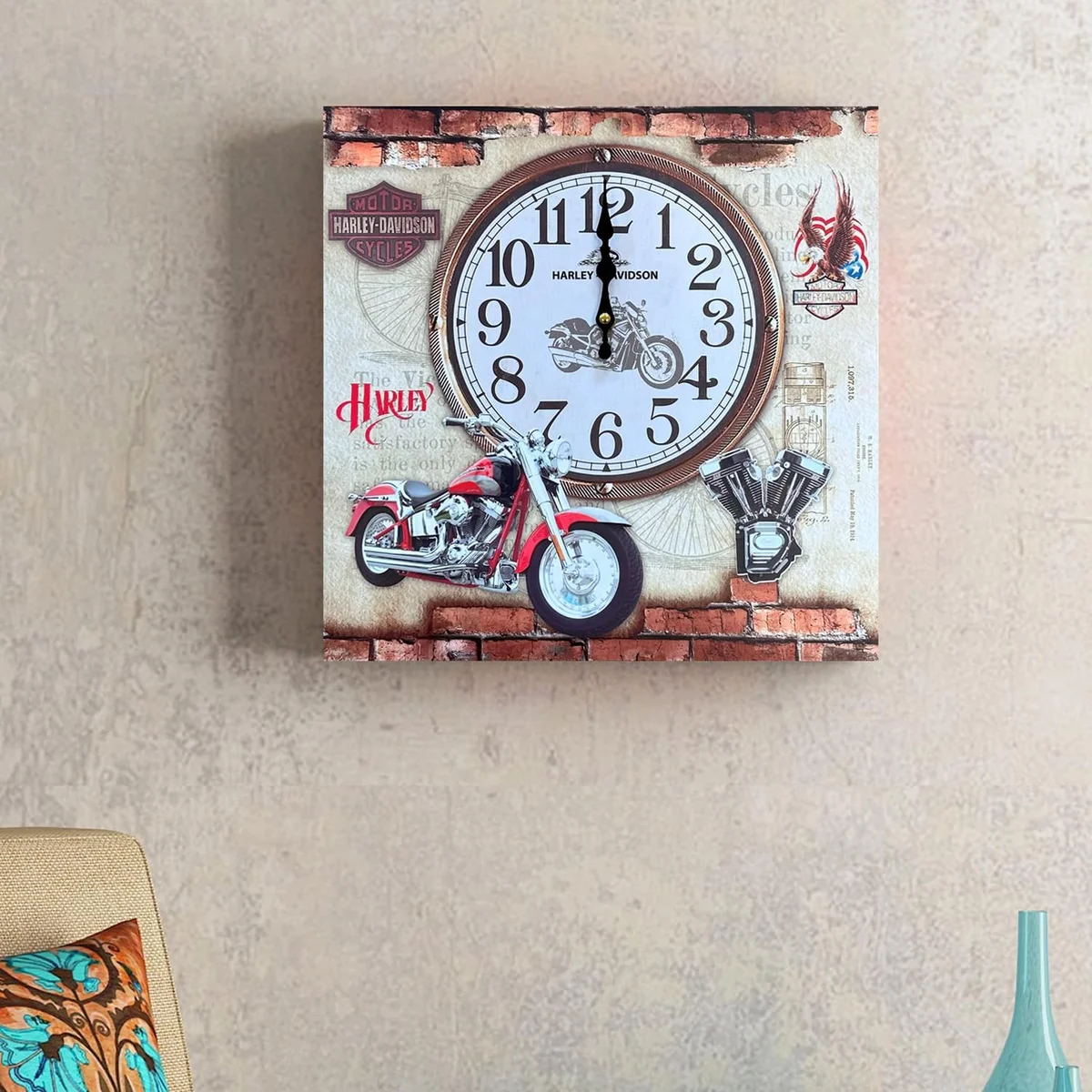 Rectangular wooden wall clock with frameless canvas featuring Eiffel Tower and vintage car design, Roman numerals display