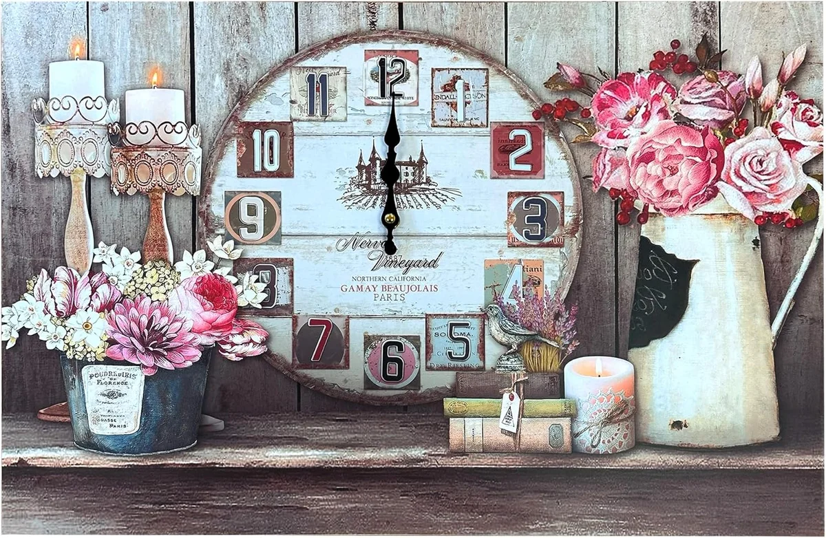 Frameless rectangular wall clock with Eiffel Tower and vintage car design featuring Roman numeral clock face on wood panel