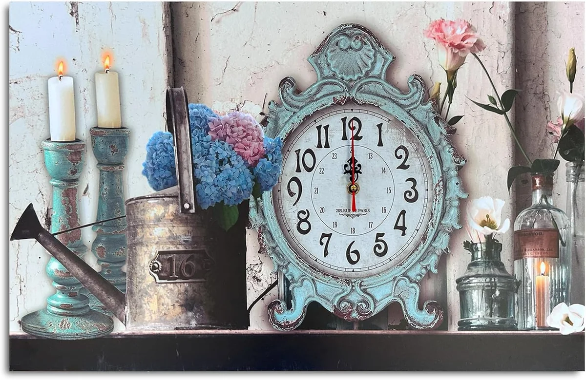 Frameless rectangular wood wall painting clock with Eiffel Tower and vintage car design, battery operated clock with Roman numerals