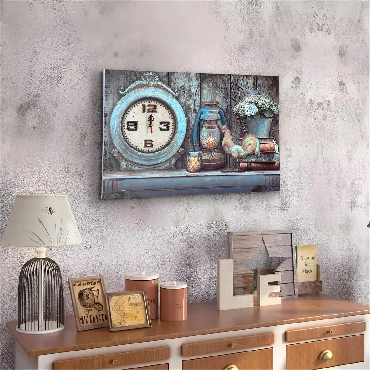 Frameless rectangular wood Eiffel Tower wall clock with vintage car design and Roman numerals on canvas background