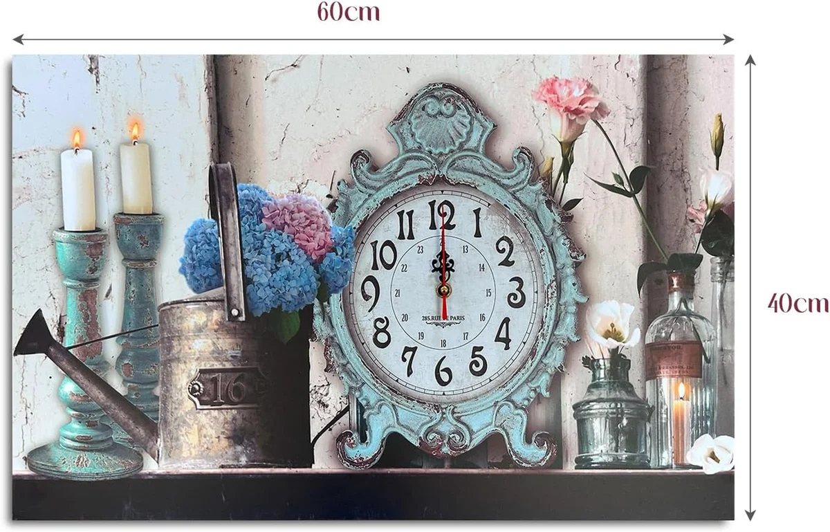 Frameless rectangular Eiffel Tower wall clock with vintage car design, Roman numerals on wooden canvas, battery powered