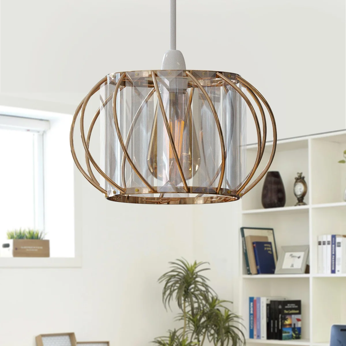 Modern crystal ceiling light with metal cage frame and open glass design, ideal for living rooms and bedrooms