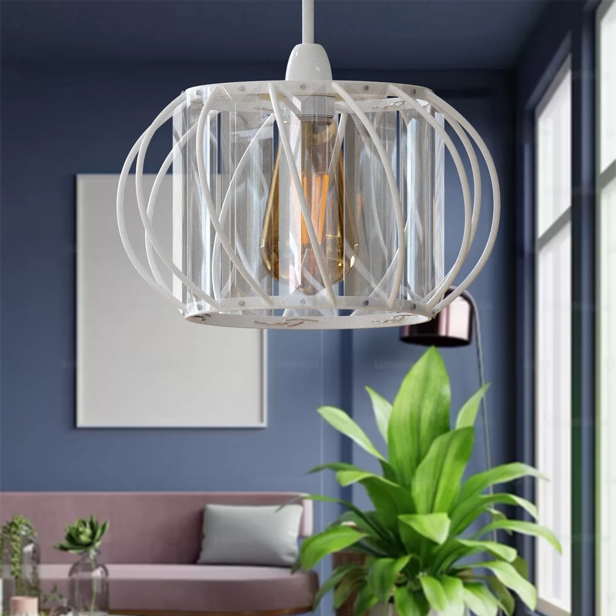 Modern crystal glass lamp cage ceiling light with metallic frame and open design, ideal for living rooms and bedrooms