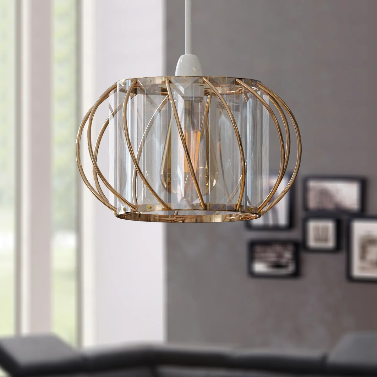 Modern crystal ceiling light with metal cage frame and clear glass panels, ideal for living rooms or bedrooms lighting