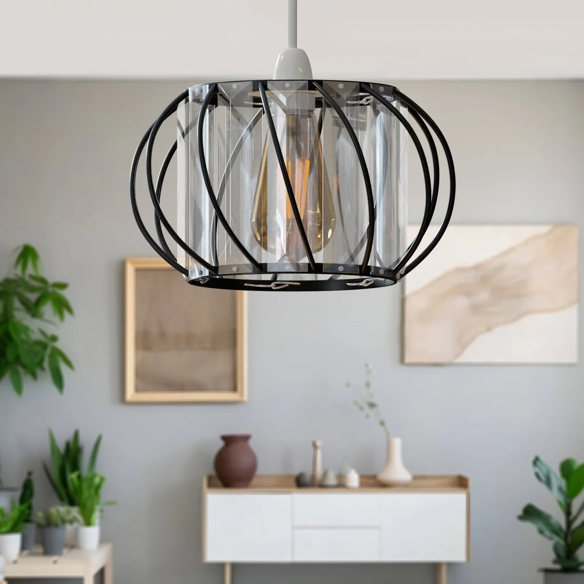 Modern crystal ceiling light with metallic cage frame and clear glass panels, ideal for living rooms or bedrooms.