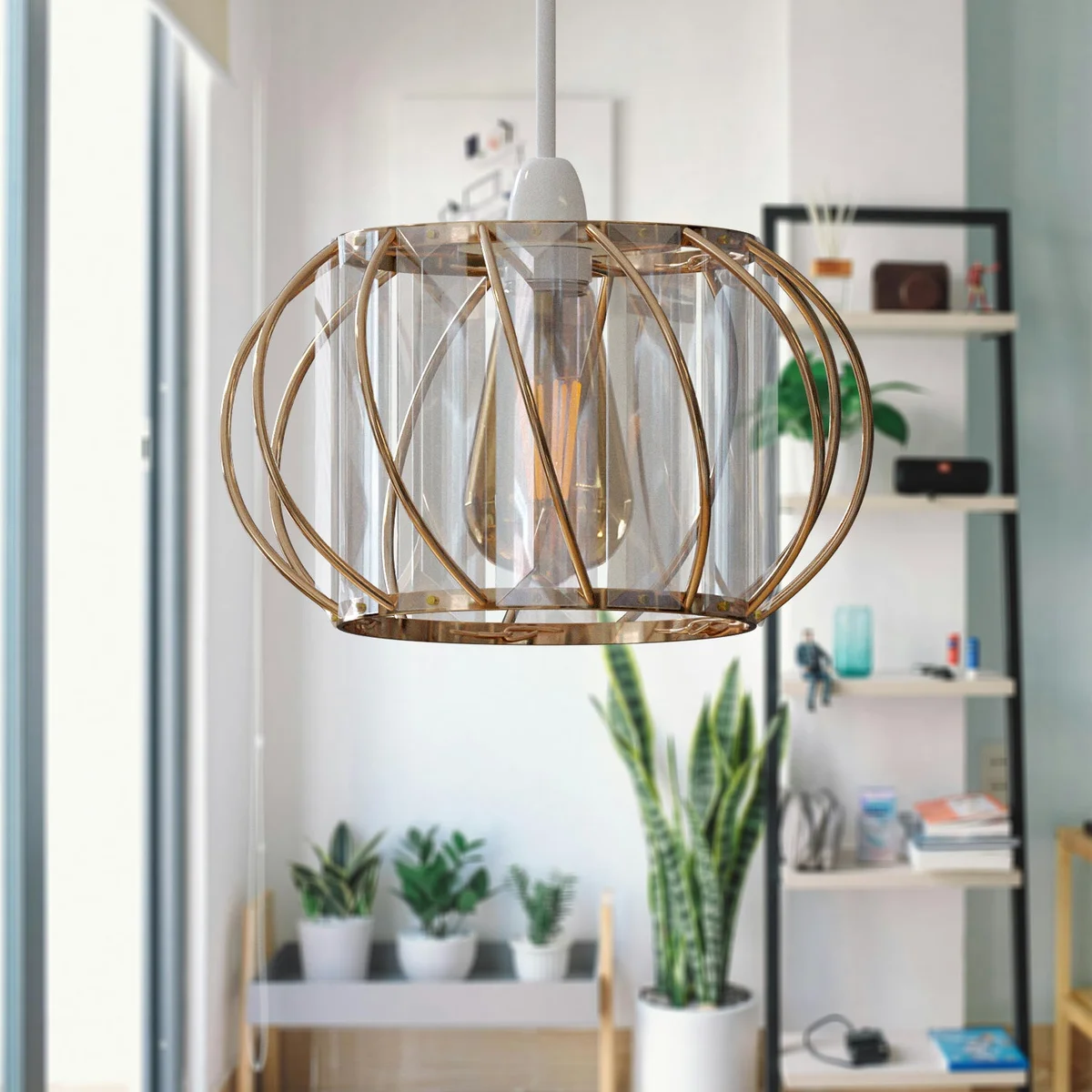 Modern crystal ceiling light with metallic cage frame and clear glass panels, ideal for living rooms or bedrooms.