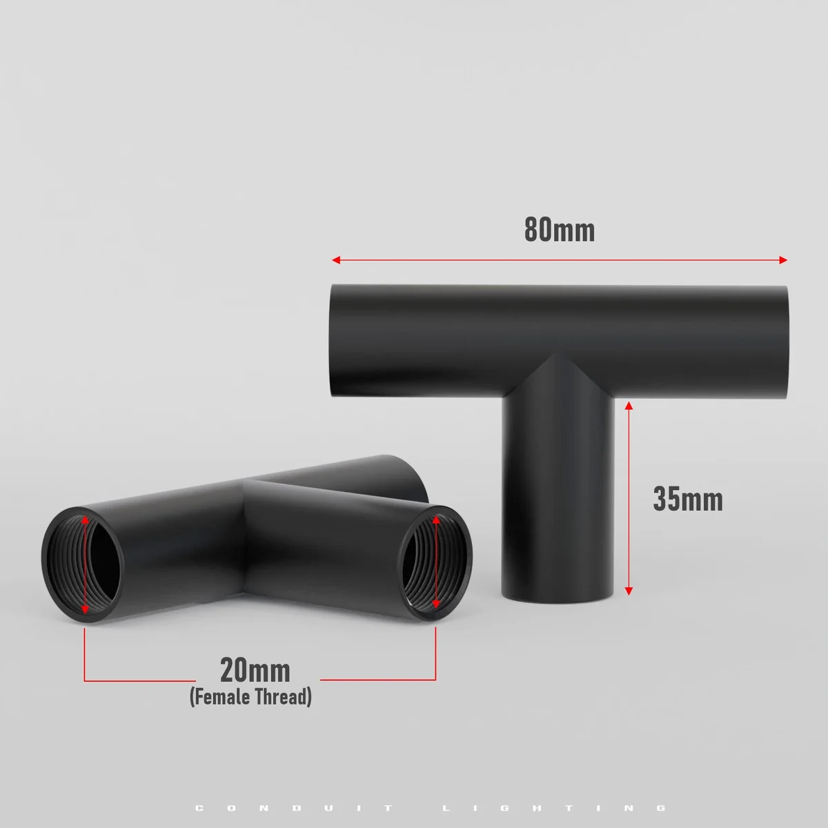 Set of 20mm conduit accessories including L connector, T connector, saddle mount, and threaded nipple in metal finish