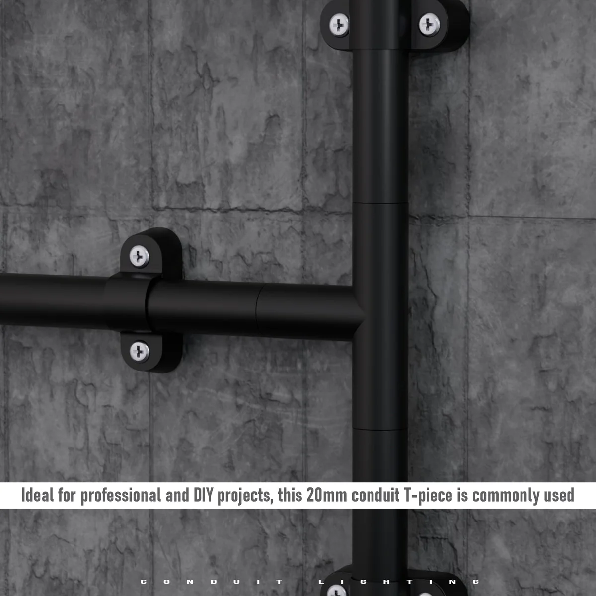 Set of corrosion-resistant electrical conduit fittings including L connector, T connector, saddle mount, and nipple
