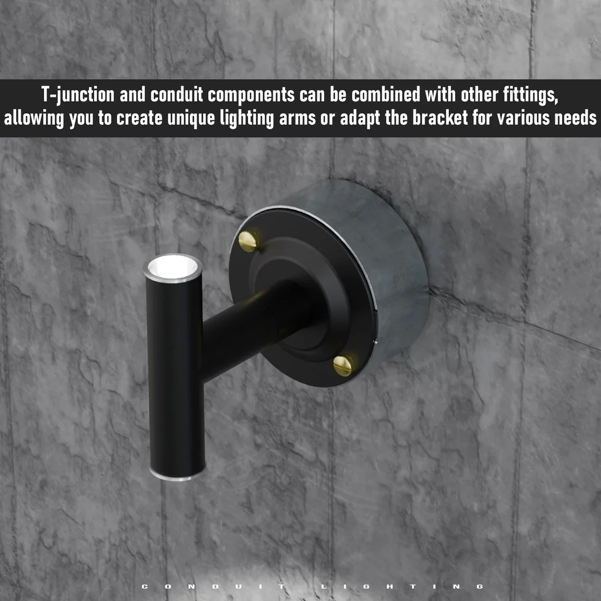 Corrosion-resistant conduit fittings including L connector, T connector, saddle mount, and threaded nipple on white background