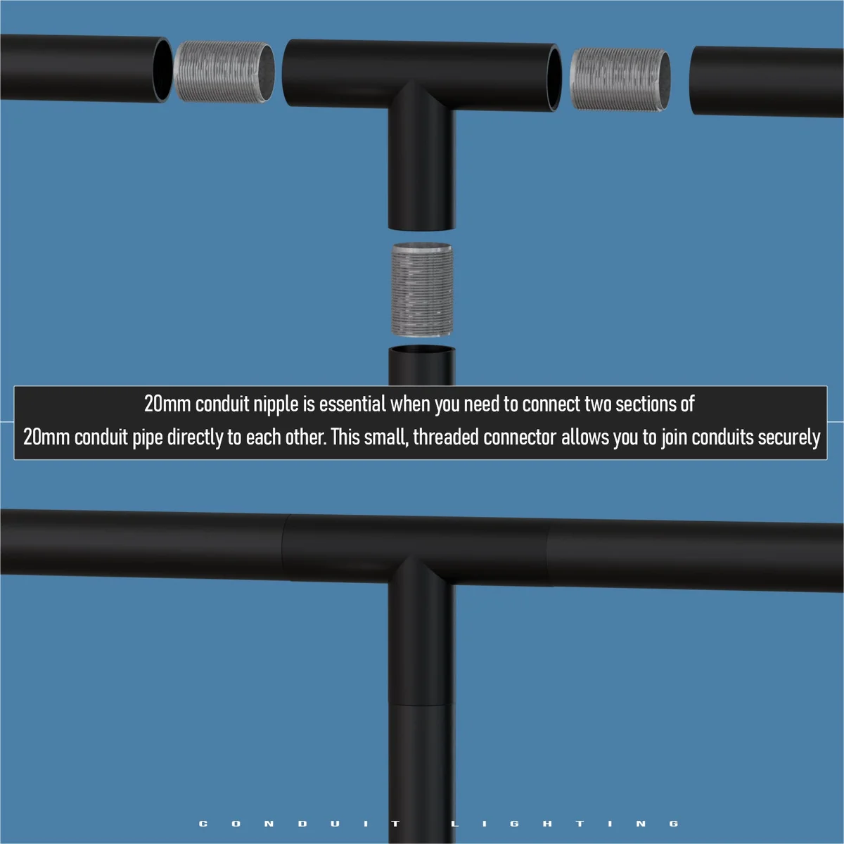 Metal indoor outdoor conduit fittings including L connector, T connector, saddle mount, and threaded nipple on white background