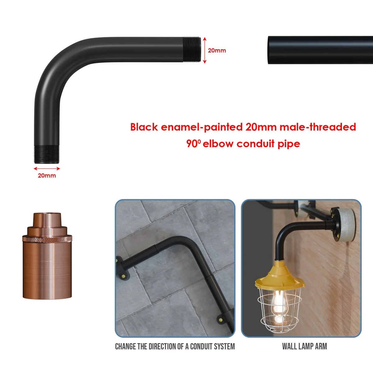 Black metal 20mm conduit elbow showing 90-degree sharp angle and male threaded end for secure pipe connection