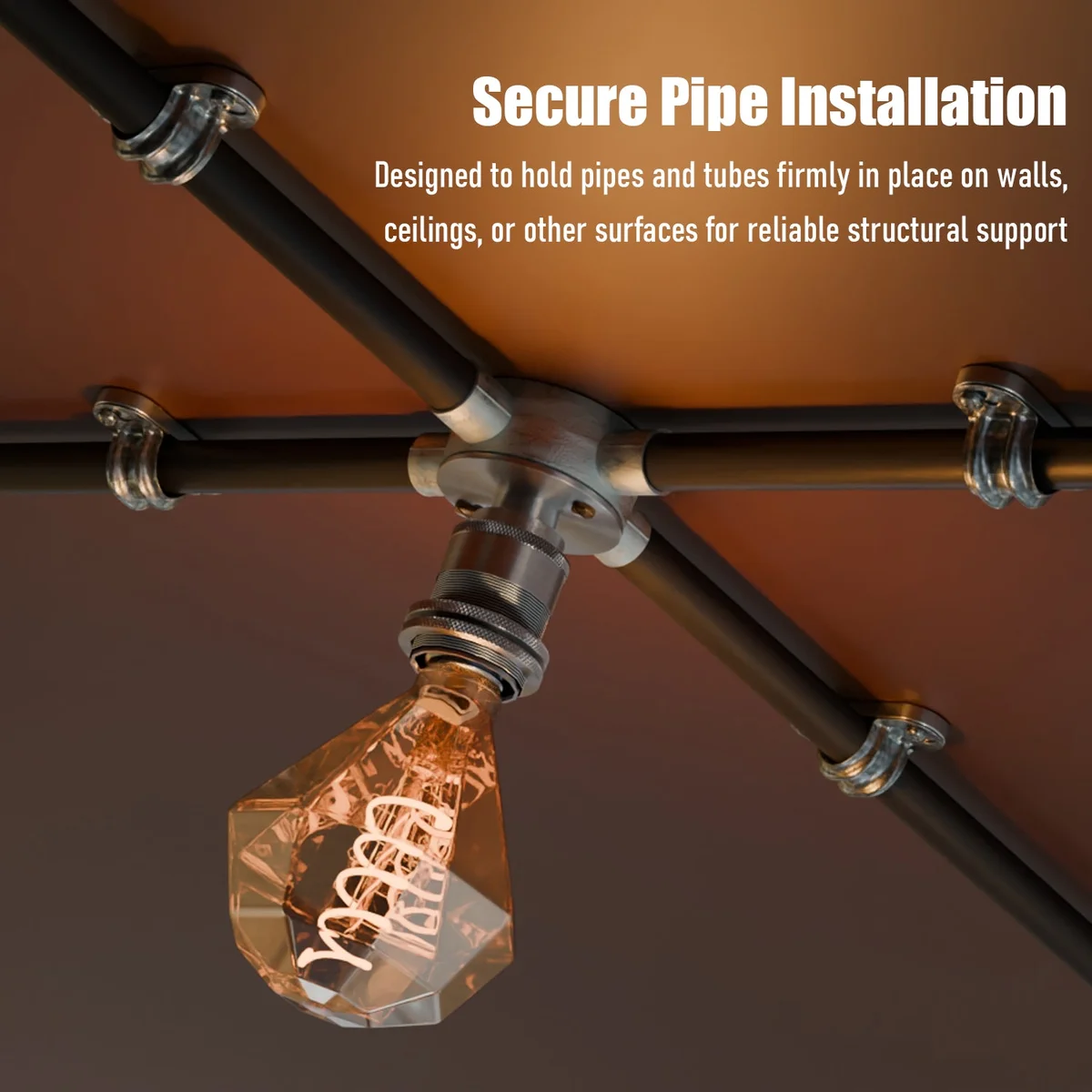 Black and silver metal conduit pipe installation clip mounted on a wall, designed for 20mm conduit pipe secure fitting