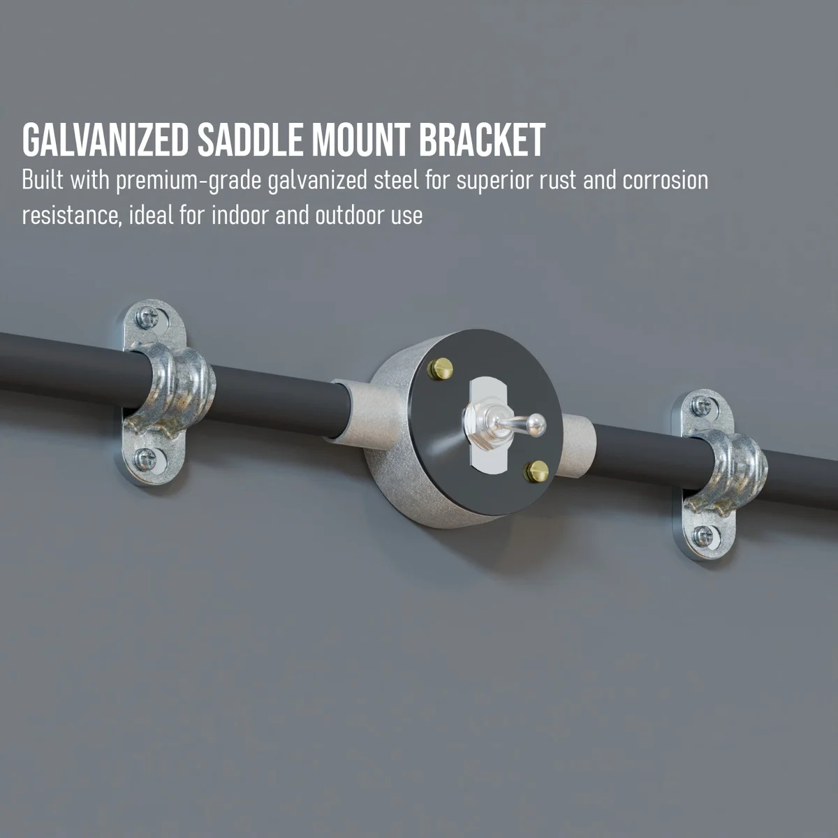 Black and silver metal 20mm pipe conduit saddle mount showing screw fittings and curved arch design on white background