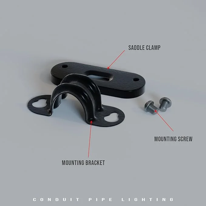 Black and silver 20mm conduit pipe saddle showing metal distance saddle mount for secure pipe installation on wall