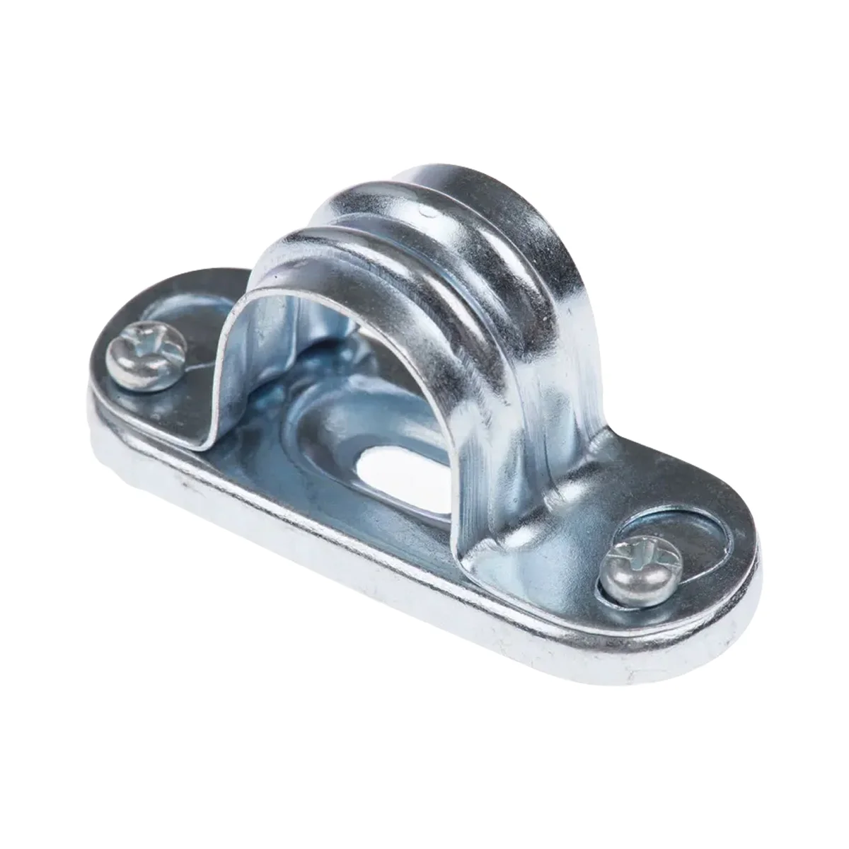 Black and silver 20mm conduit pipe saddle mounted on a wall showing metal distance saddle clip design
