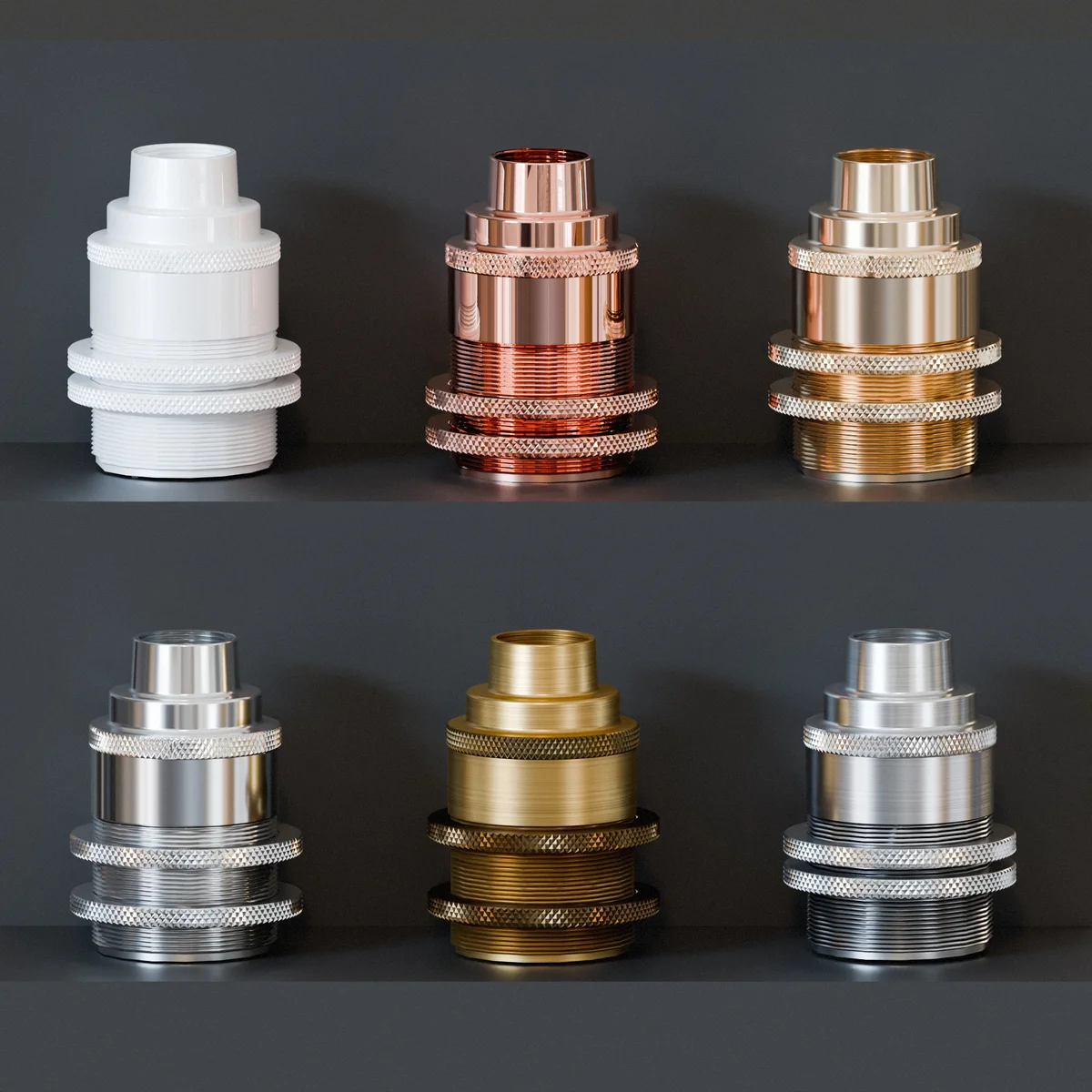 Metal E27 lamp holder with 20mm female thread and ceramic insulation, designed for indoor use with E27 bulbs.