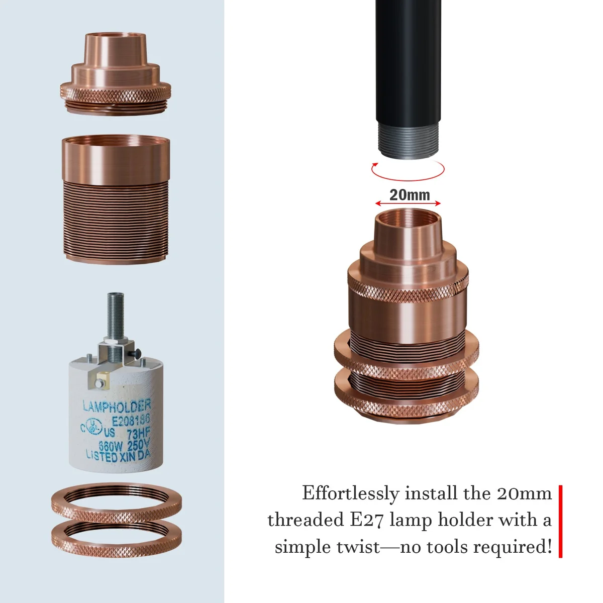 20mm E27 thread holder with metal body and ceramic internal thread for E27 bulbs, soft-touch vintage finish