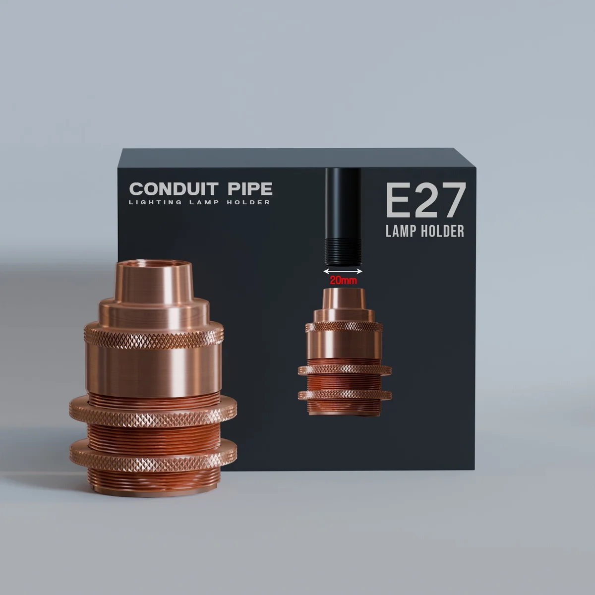 E27 lamp holder with 20mm female ceramic thread, metal body, soft-touch finish, designed for indoor use.