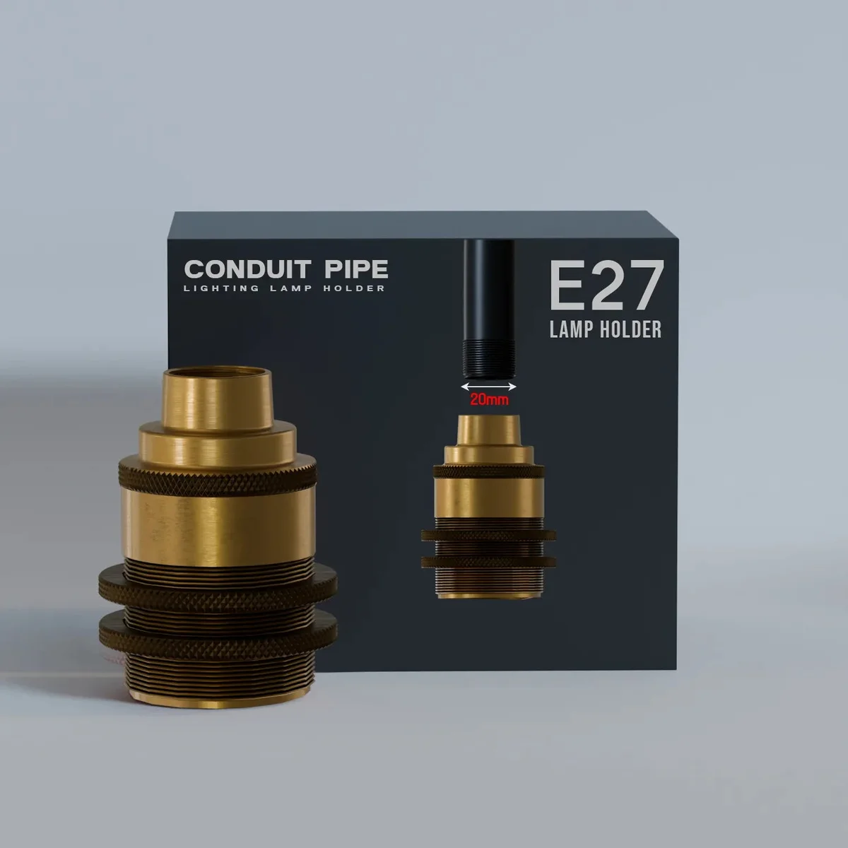 Metal E27 lamp holder with 20mm female thread and ceramic insulation, designed for indoor hardwired lighting use