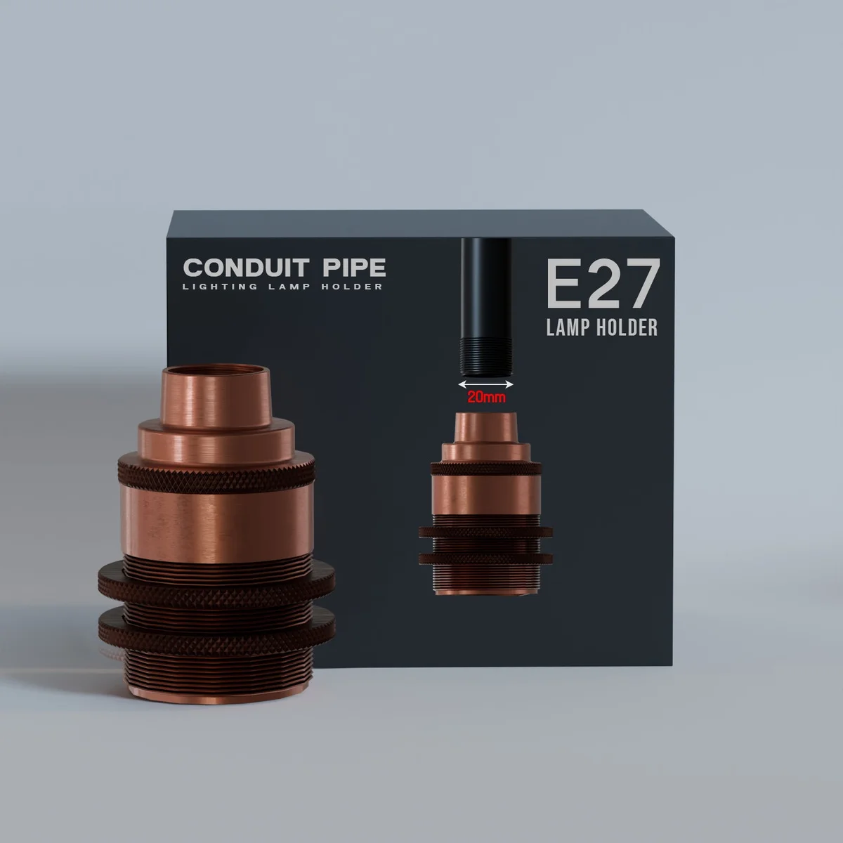 Metal E27 lamp holder with 20mm female thread and ceramic insulation, designed for hardwired indoor lighting use