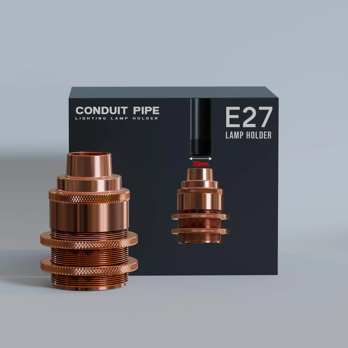 Metal E27 lamp holder with 20mm female thread, ceramic internal insulation, and soft-touch finish for indoor use