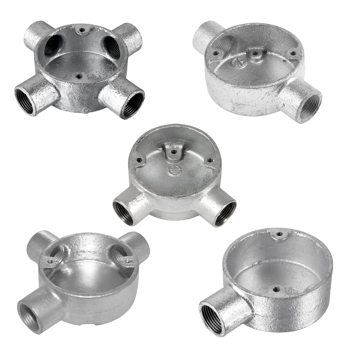 Galvanized steel conduit box with female threaded openings for 1 to 3 way electrical wiring connections, industrial style fitting