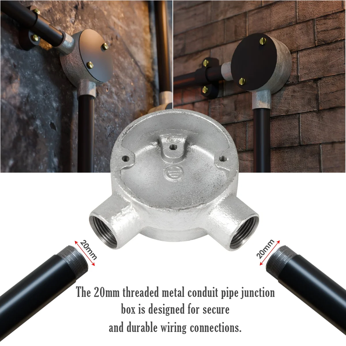 Galvanized steel conduit box with 3-way female threaded connections for electrical wiring protection and routing