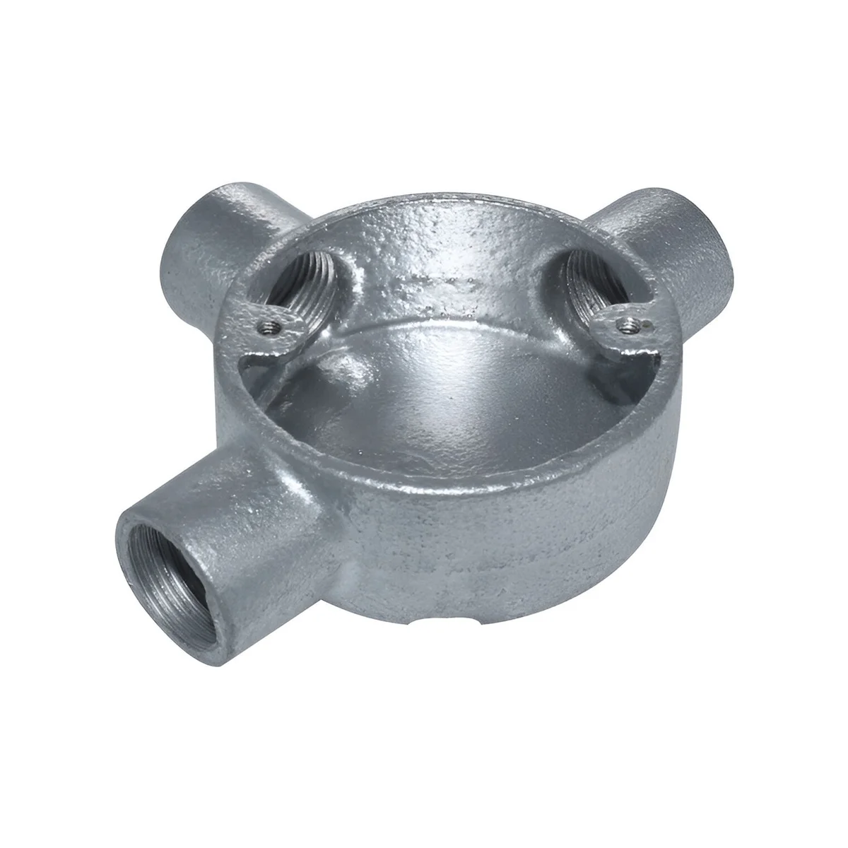 Galvanized steel conduit box showing 3-way terminal with threaded female connections for electrical wiring systems