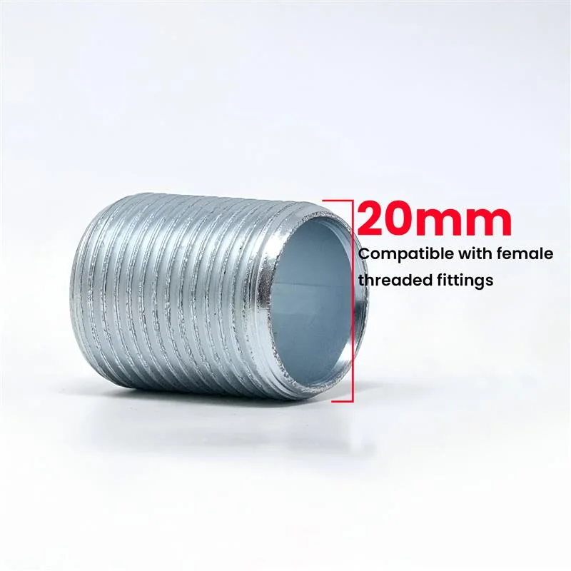 Galvanized steel 20mm conduit connector with fully threaded cylindrical design for secure electrical fittings