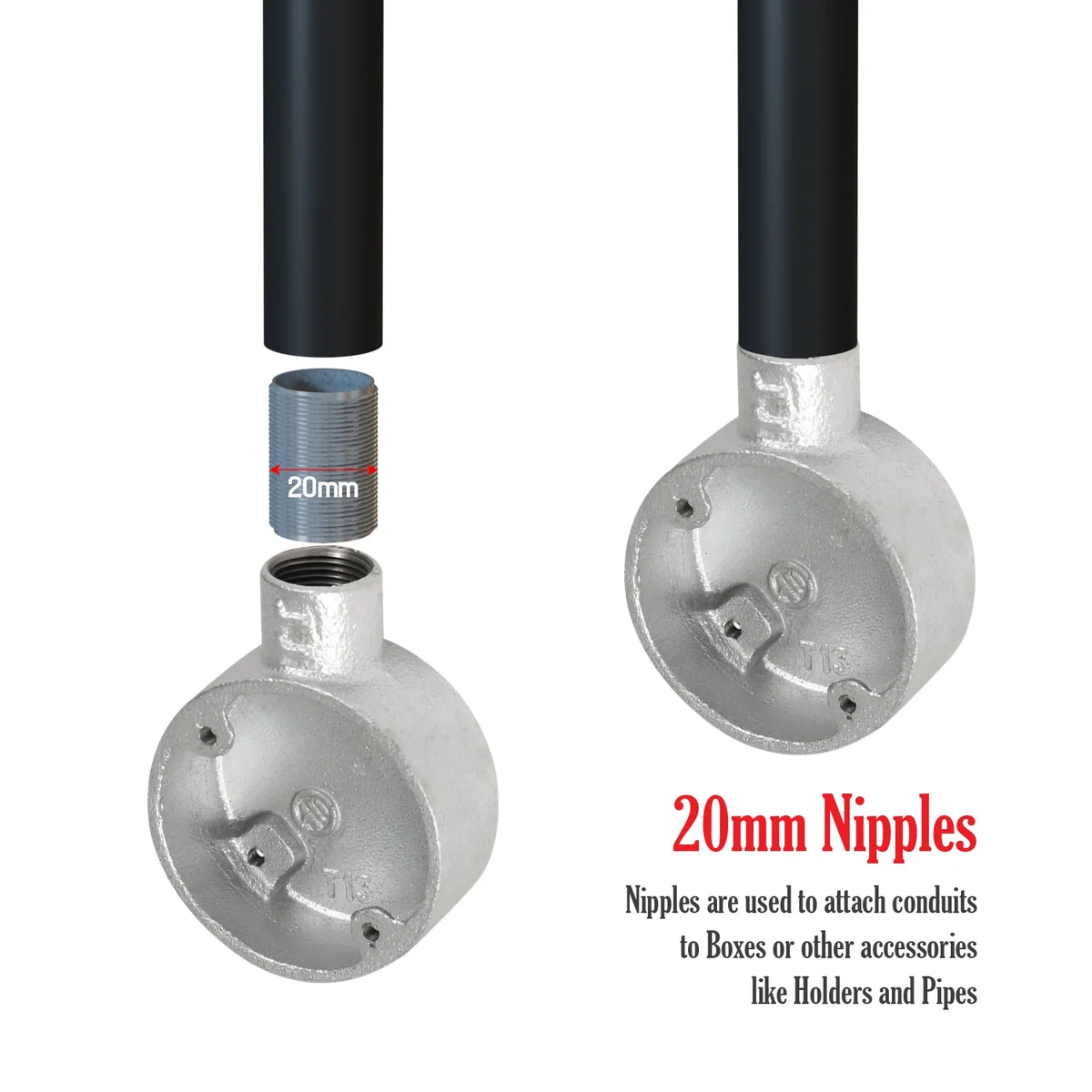 Galvanized steel 20mm conduit connector threaded cylindrical fitting for electrical conduit assembly secure installation