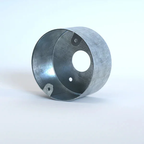 20mm conduit loop-in box made of galvanised metal with a silver industrial finish and threaded conduit entry point