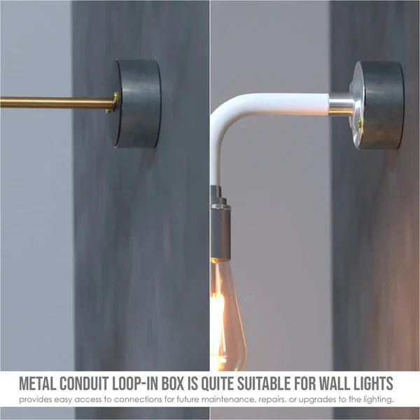 Galvanised metal conduit lighting box showing 20mm loop-in design with corrosion-resistant finish and threaded entry point