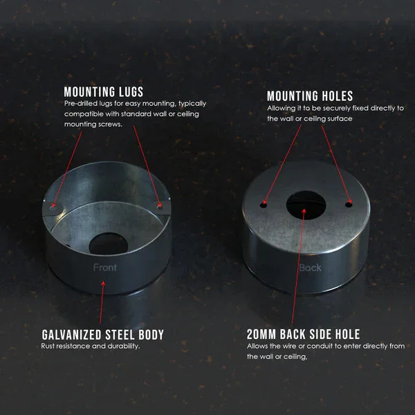 Galvanised metal corrosion resistant conduit box with 20mm loop-in entry for secure electrical wiring junctions