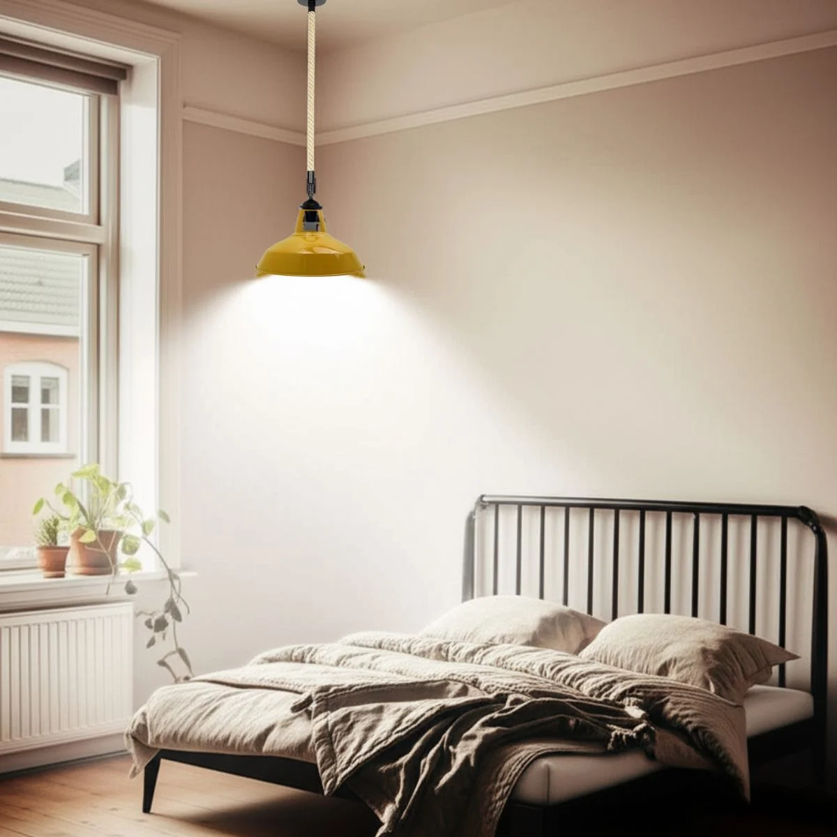 Yellow metal rope pendant light with hemp rope and cage design, suitable for E27 bulbs, mid-century style hanging lamp