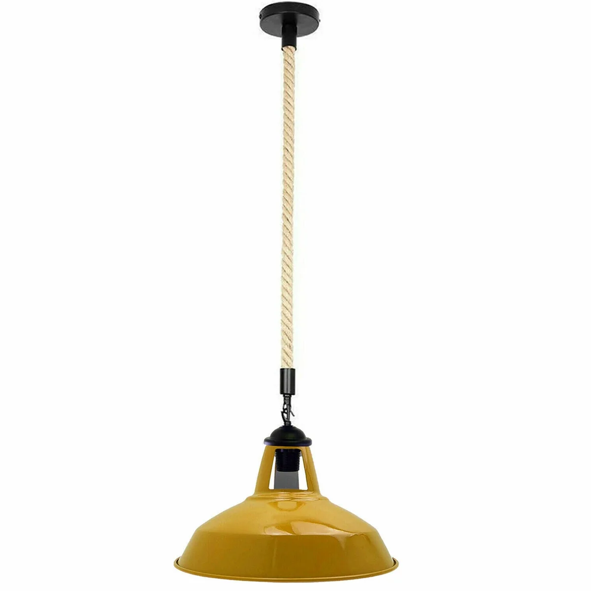 Yellow metal hanging pendant light with hemp rope cord and cage, suitable for E27 bulb, modern mid-century design