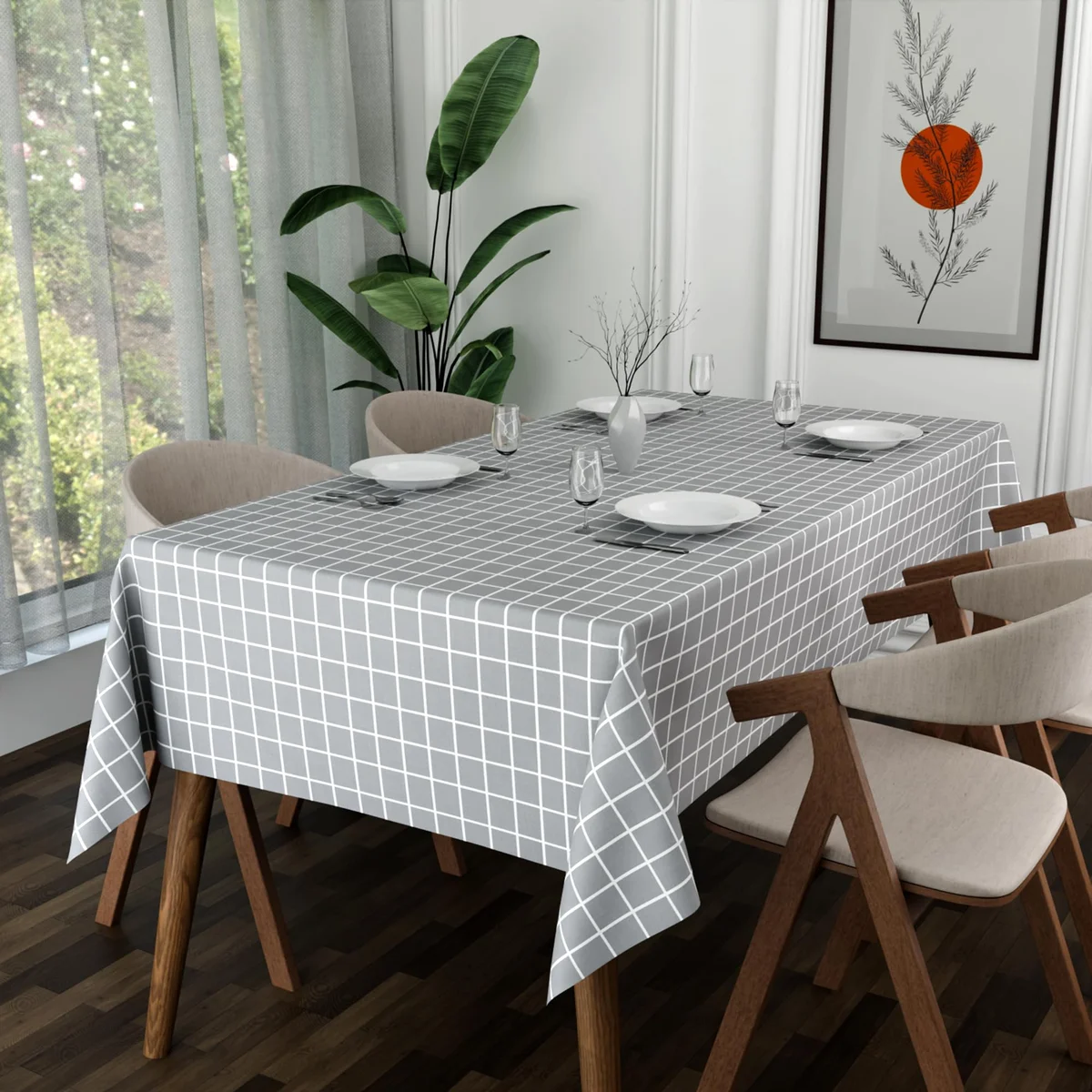 Square 150cm washable tablecloth in modern style, lightweight polyester fabric, shown on a wooden table surface
