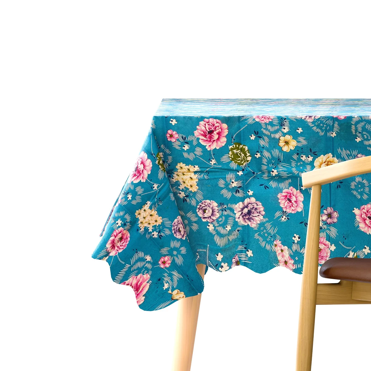 Modern 150x110cm rectangular non slip lightweight tablecloth with printed design on a wooden table setting