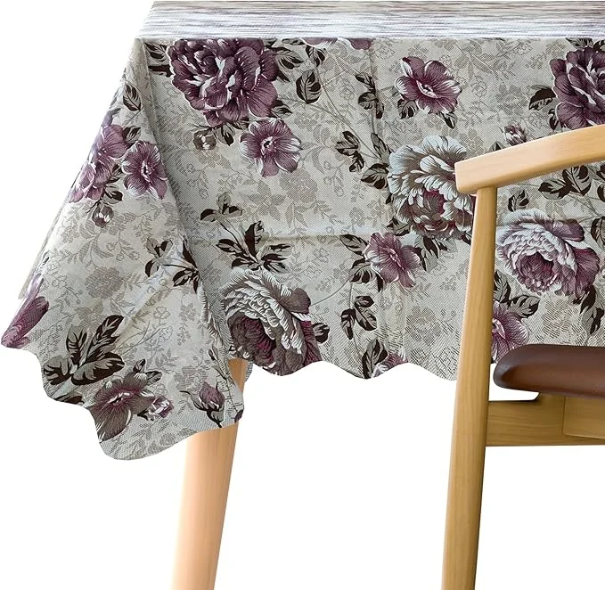 Modern 150x110cm rectangular printed polyester tablecloth on table, showcasing easy clean tablecloth features and design