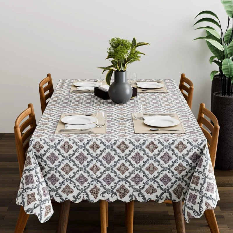 Modern printed tablecloth in 150x110cm size with a heavyweight polyester fabric, shown spread on a table.