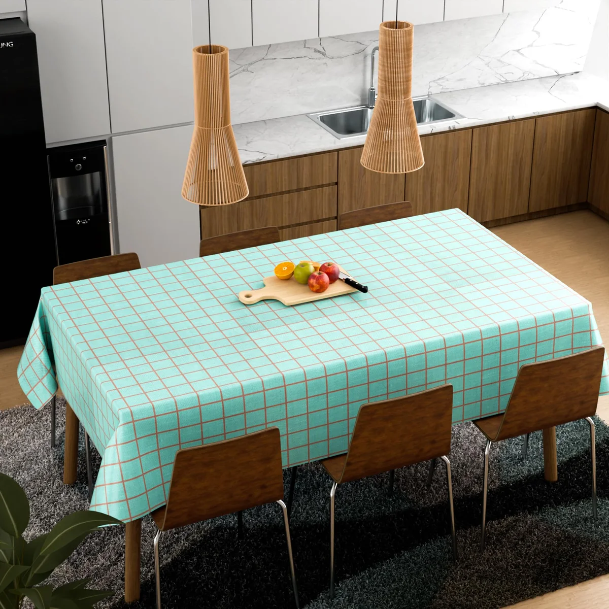 Rectangular 137x183 cm polyester non slip tablecloth in modern style on wooden table with soft natural lighting