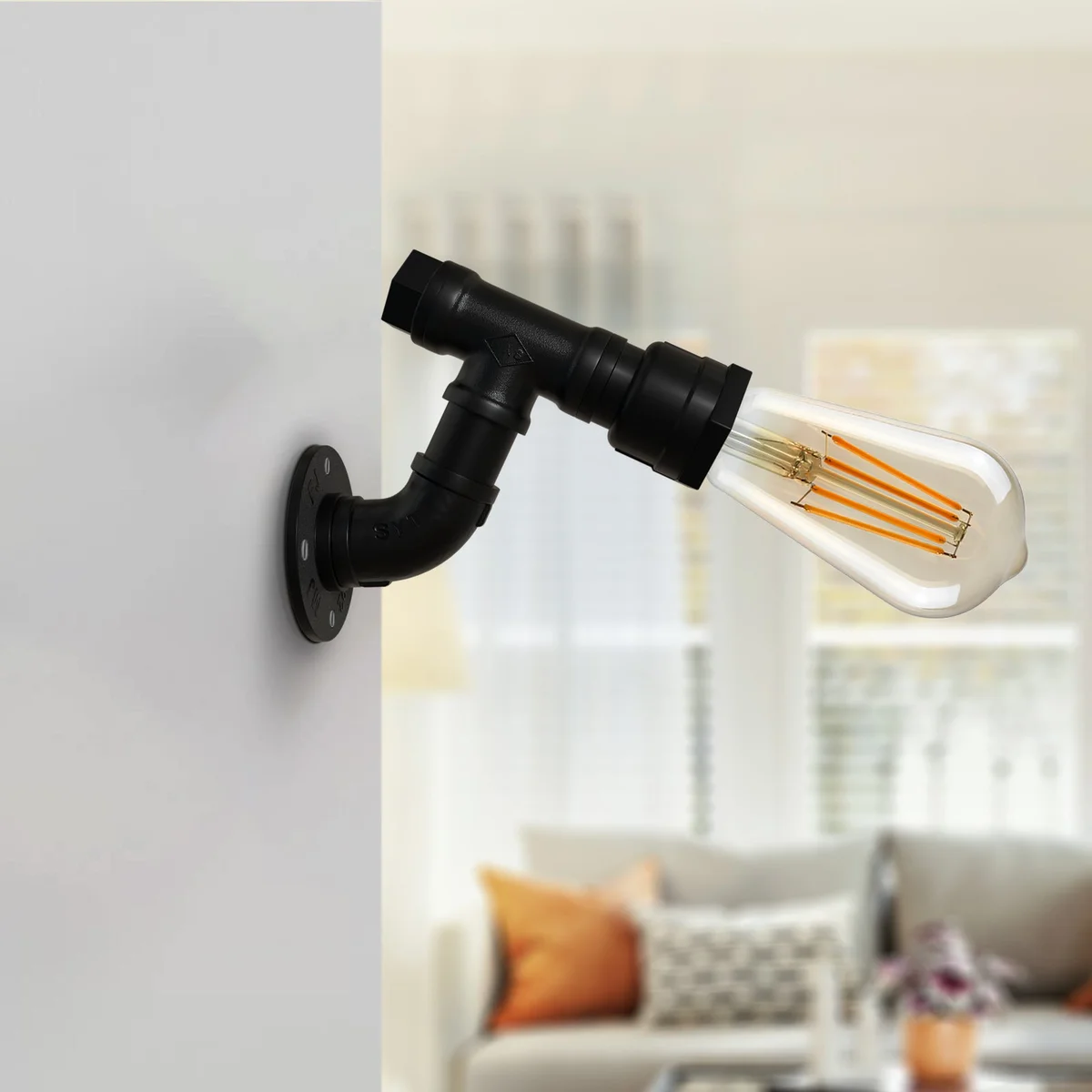 Vintage industrial wall light with black metal steampunk water pipe design, compact size, E27 bulb socket, wall mounted