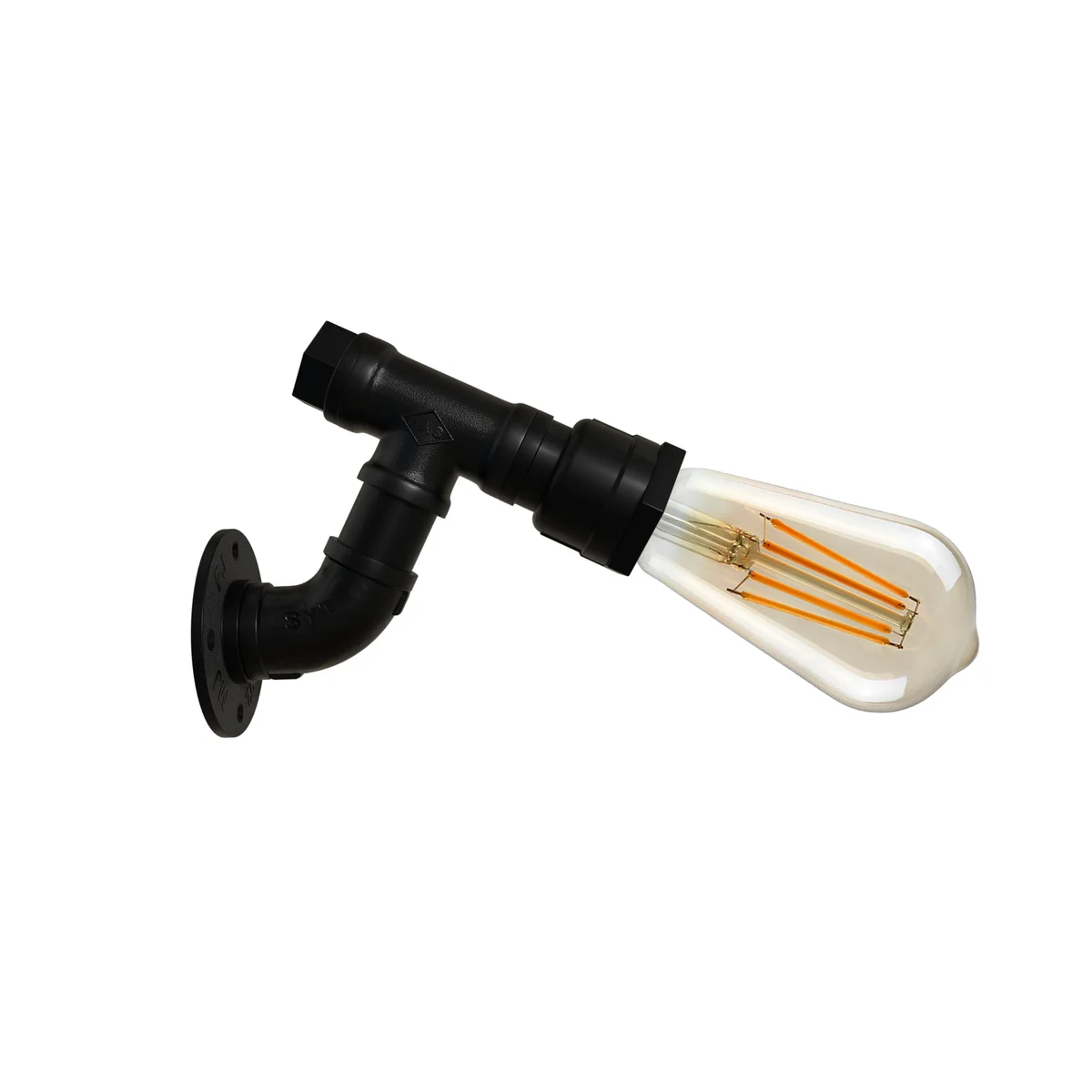 Black vintage industrial pipe wall light with E27 bulb holder and exposed piping design mounted on white wall