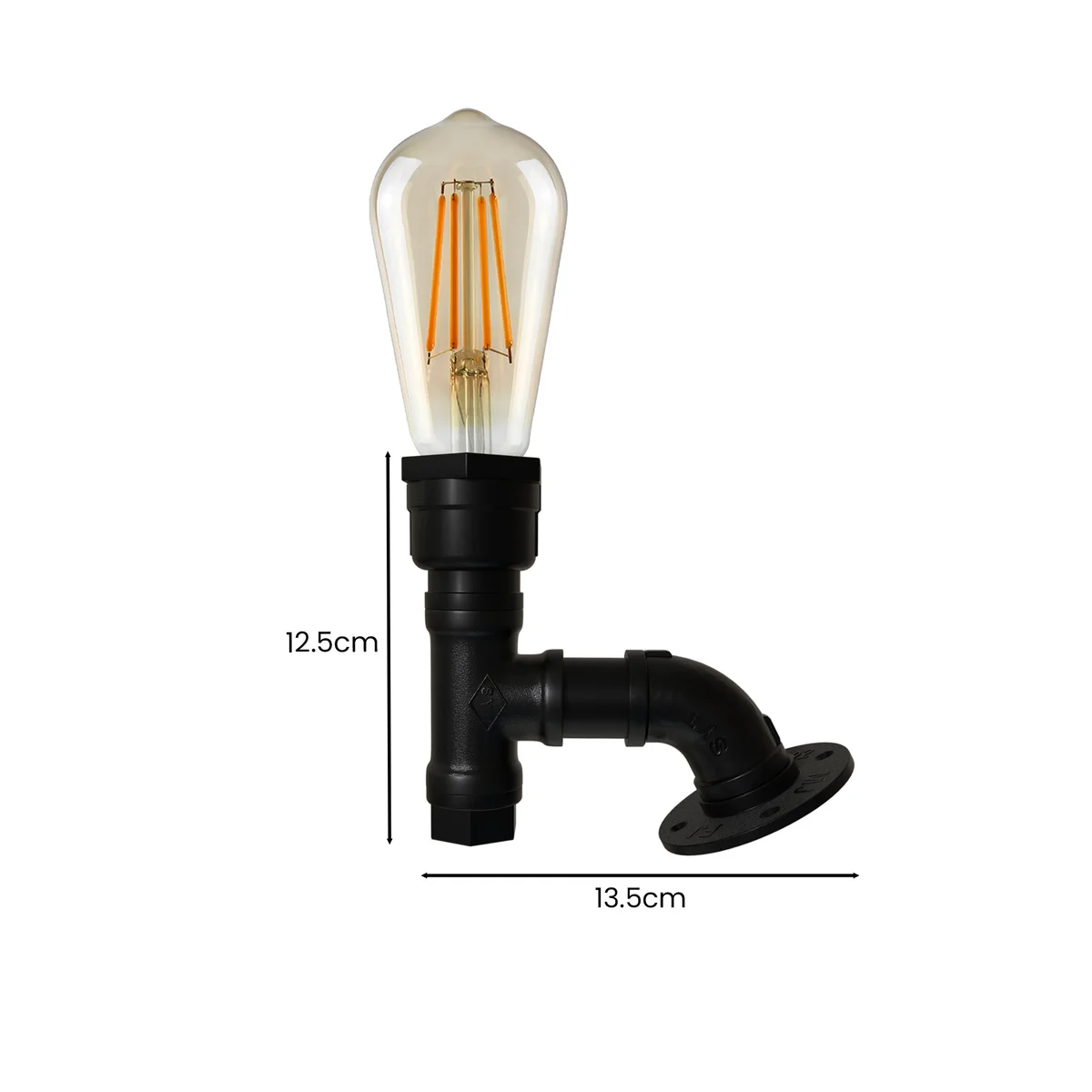 Black vintage industrial steampunk water pipe wall light with E27 bulb wall sconce mounted on white wall