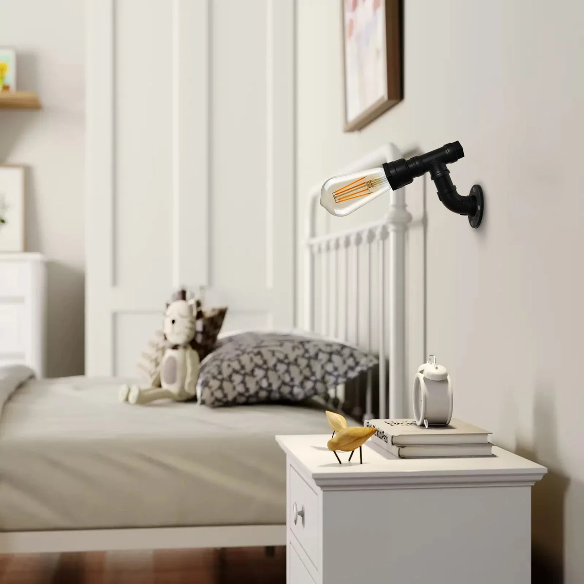 Black metal industrial wall light with steampunk water pipe design mounted on white wall, E27 bulb socket visible