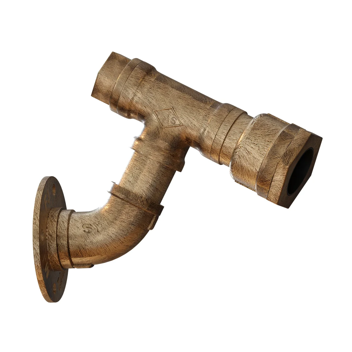 Vintage industrial wall light with black metal steampunk water pipe design mounted on a white wall indoors